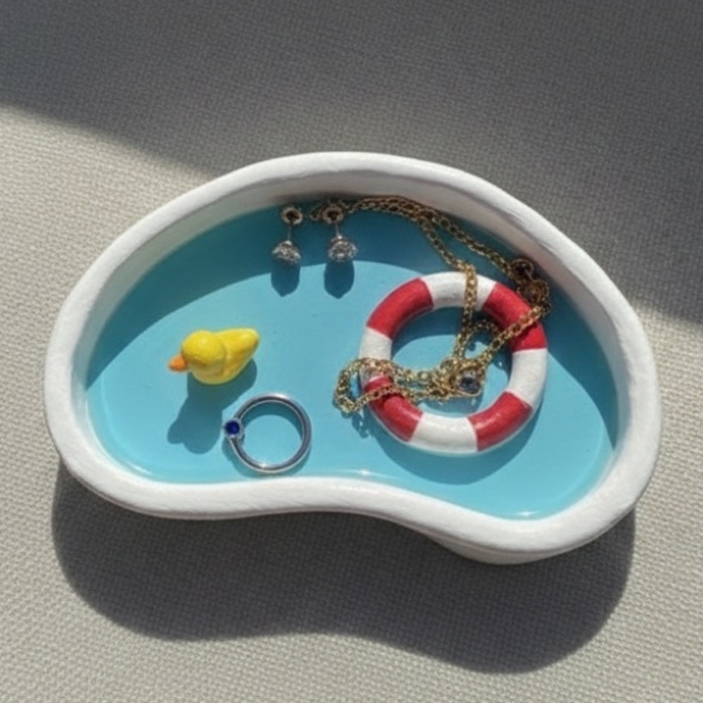 Miniature Swimming Pool Trinket Dish - Handmade - White - 6 Inch